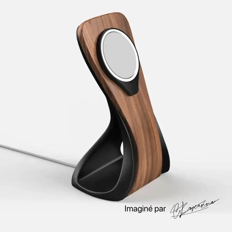 Wood and black MagSafe charger stand by Station de charge, featuring a sleek modern design.