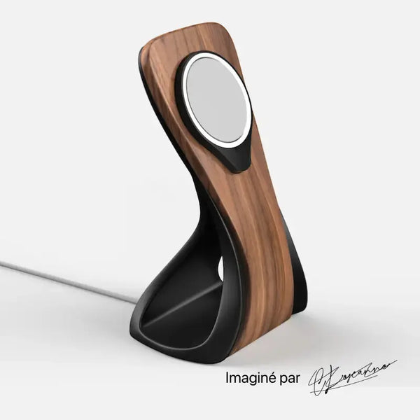 Wood and black MagSafe charger stand by Station de charge, featuring a sleek modern design.
