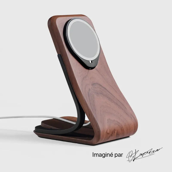 Support téléphonique en bois MagSafe, design élégant avec finition en noyer pour bureau ou appartement.