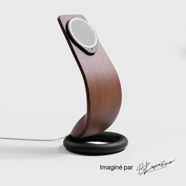 Wooden Cobra MagSafe phone charging station with sleek design and black base, perfect for office or workspace.