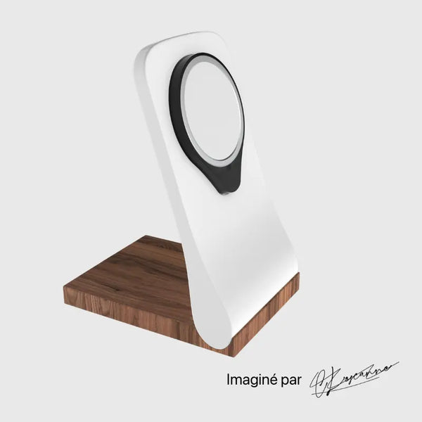 Élégant support en bois pour téléphone avec chargeur MagSafe 15W, design moderne et minimaliste de la marque Station de char