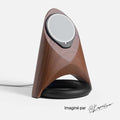 Futuristic wooden charging station with MagSafe compatibility, featuring a sleek, modern design.