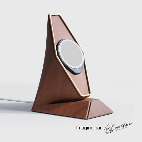 Brown wooden hexagon-shaped MagSafe phone charging station with a sleek design.