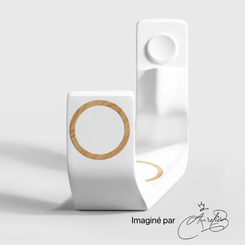 White 3-in-1 charger with wooden accents, designed by Craft Kittiesfr.