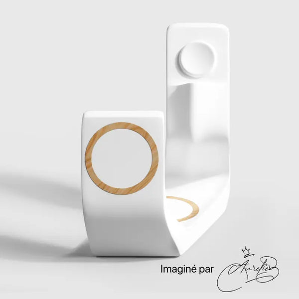 White 3-in-1 charger with wooden accents, designed by Craft Kittiesfr.