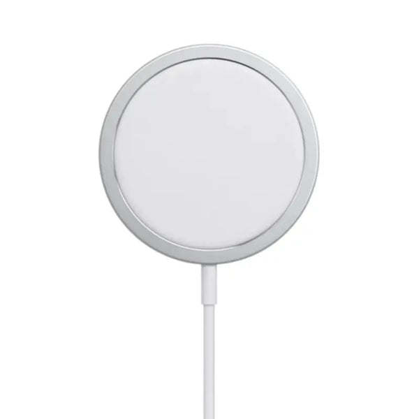 Chargeur magnétique sans fil 15W MagSafe blanc pour iPhone 12 à 16, alignement magnétique.