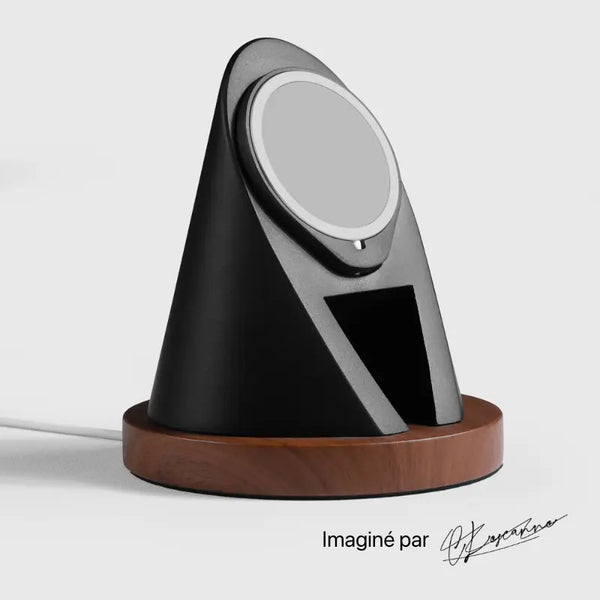 Black and wooden charging station for MagSafe devices, featuring a sleek tipi design by Station de charge.