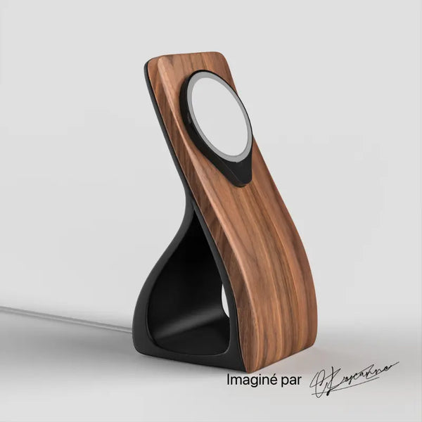 Woodface MagSafe charger with a curved wooden design and black base, perfect for modern office setups.
