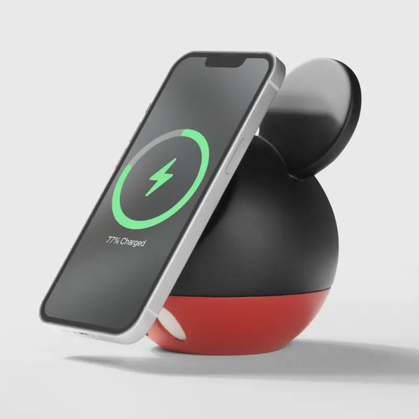 Mickey-shaped wireless charger in black and red, designed by Craft Kittiesfr, with phone charging indicator.