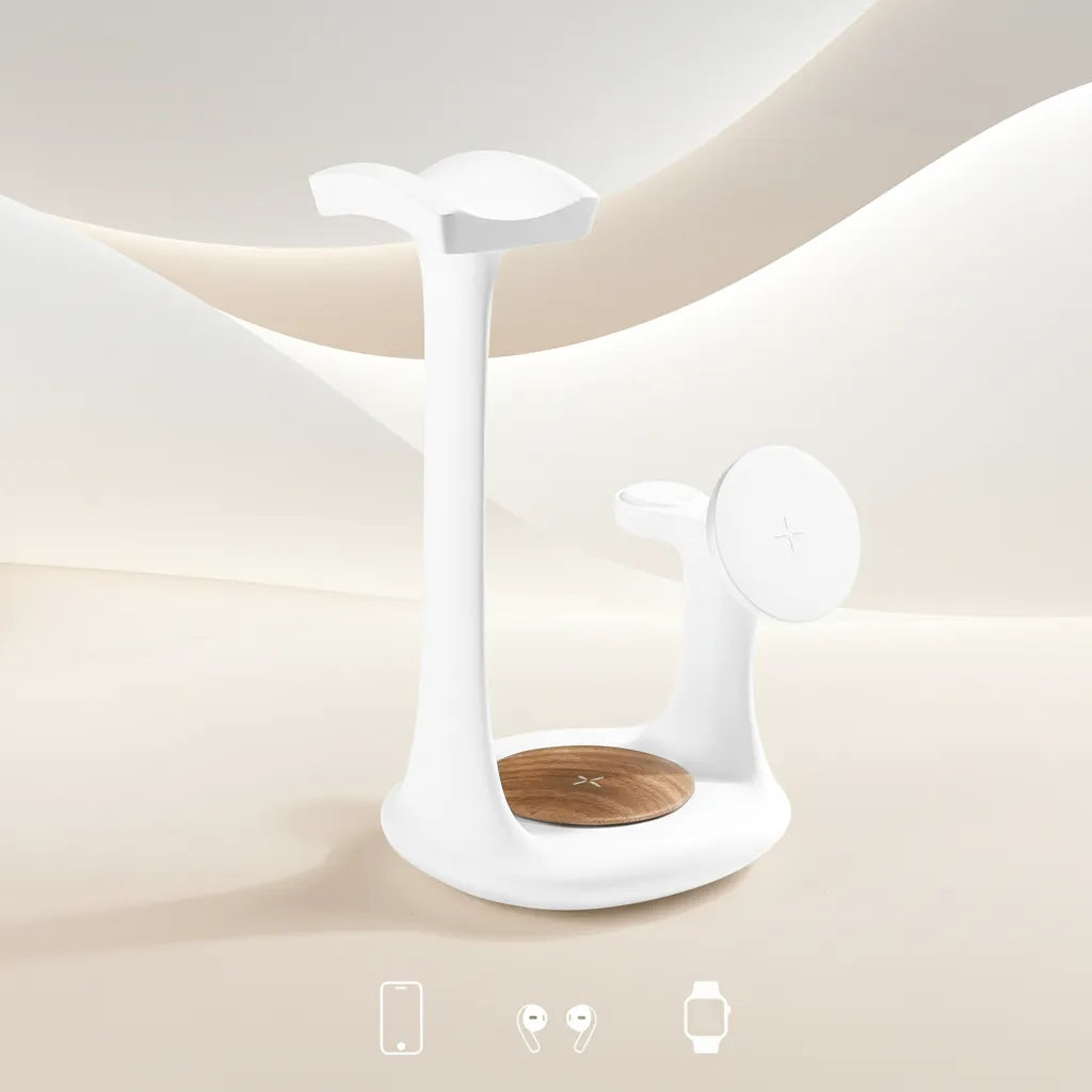 White 3-in-1 charging station for headphones and devices with a wooden base by Craft Kittiesfr.