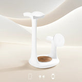 White 3-in-1 charging station for headphones and devices with a wooden base by Craft Kittiesfr.