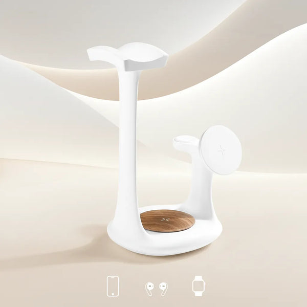 White 3-in-1 charging station for headphones and devices with a wooden base by Craft Kittiesfr.