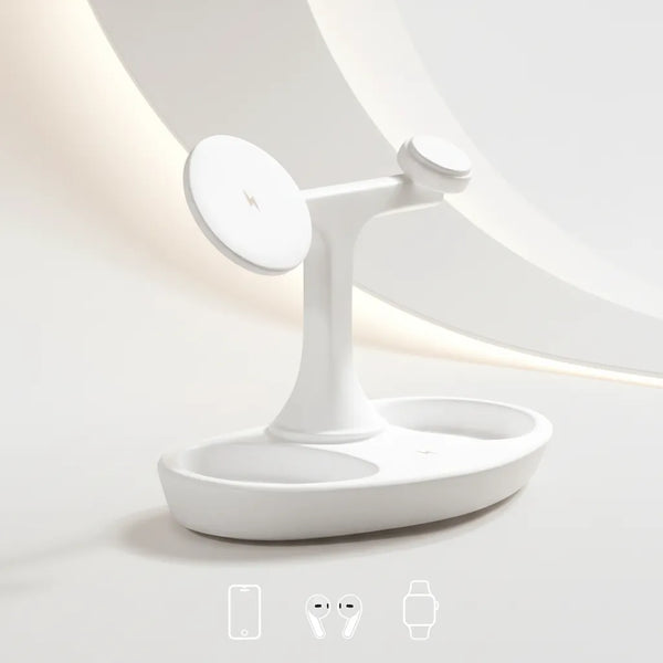 White 3-in-1 charging dock for phone, earbuds, and smartwatch by Craft Kittiesfr.