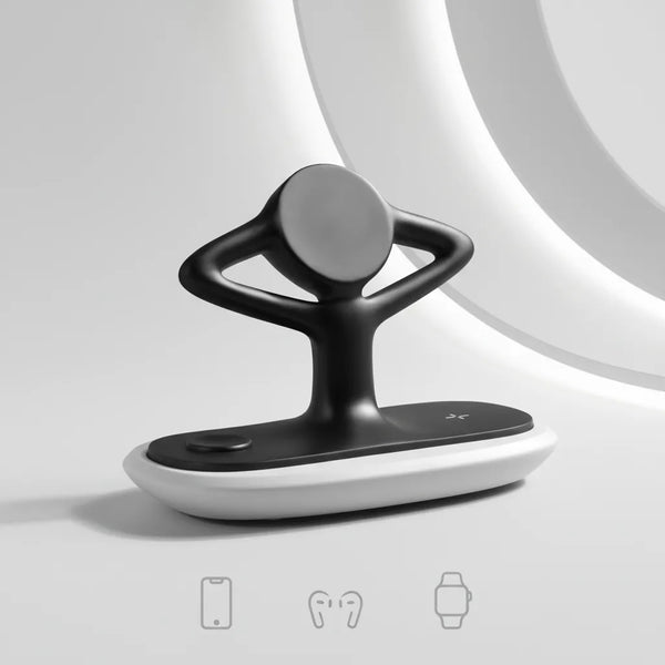 Black and white 3-in-1 charger for phone, earbuds, and smartwatch by Craft Kittiesfr
