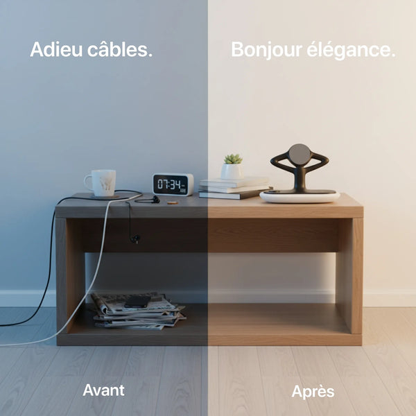 Craft Kittiesfr Zen 3-in-1 charger with sleek design on wooden nightstand, eliminating cable clutter.