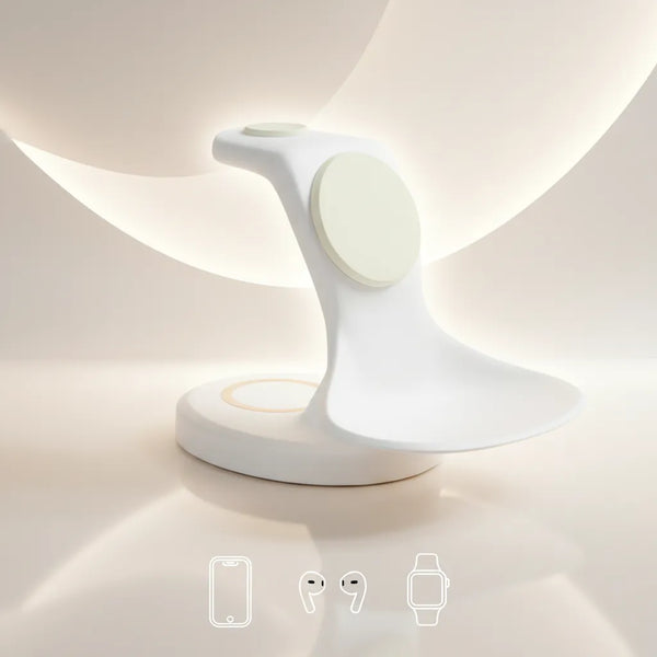 White 3-in-1 charger for phone, earbuds, and watch by Craft Kitties, featuring a sleek, modern design.