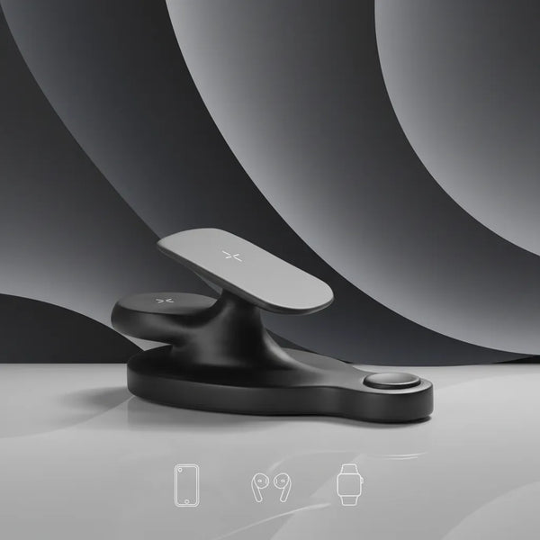 Craft Kittiesfr Le voyageur 3-in-1 charger in sleek black, designed for phone, earbuds, and smartwatch charging.