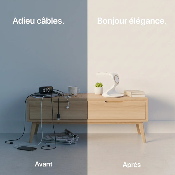 Wooden side table with cable management, modern lamp, and minimalistic clock, showcasing a tidy living space.
