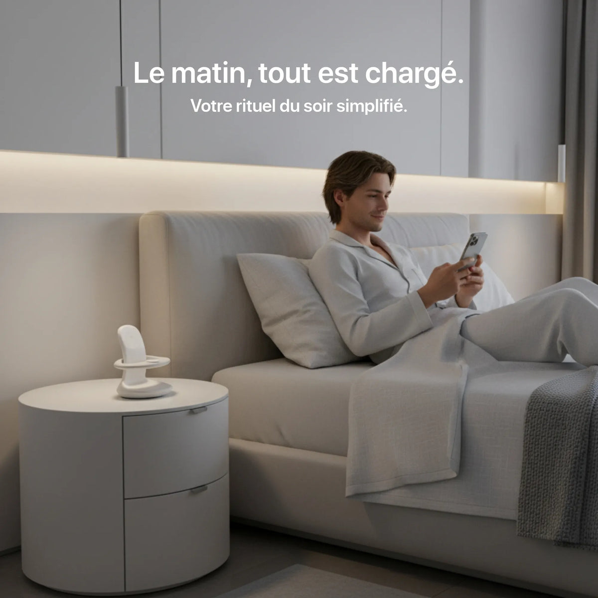 Étreinte 3-in-1 charger in gray, featuring sleek design for new office setups by Craft Kittiesfr.
