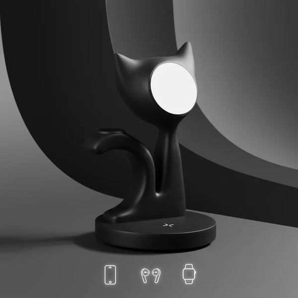 Black 3-in-1 charger in the shape of a cat with space for phone, earbuds, and watch, by Craft Kittiesfr.