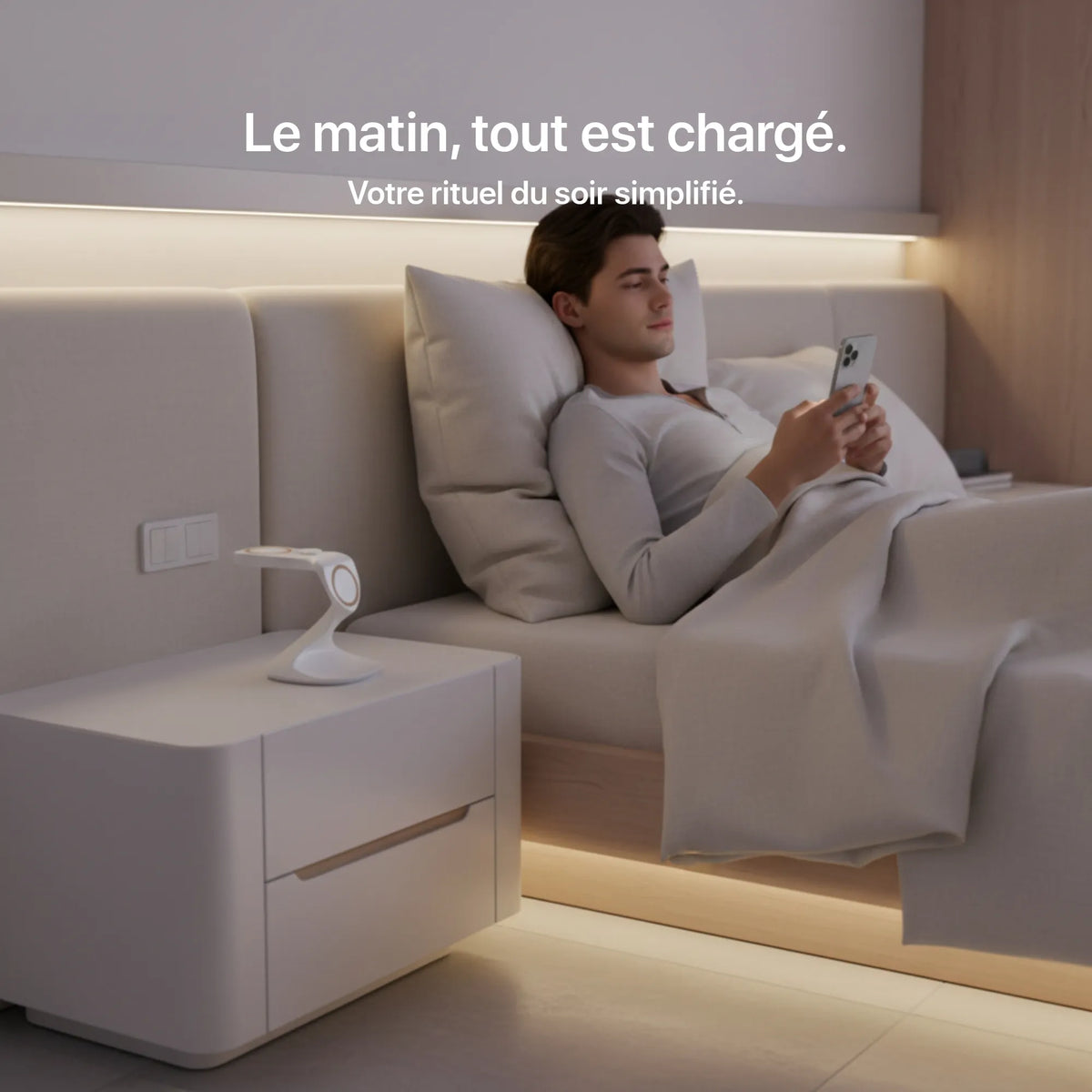 White 3-in-1 charger on bedside table, perfect for nighttime device charging by Craft Kittiesfr.