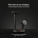 Black 3-in-1 headphone stand charger by Craft Kittiesfr with sleek design and MagSafe compatibility.
