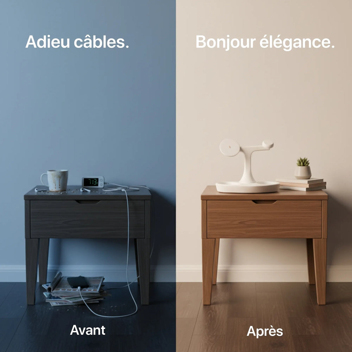 3-in-1 charger by Craft Kittiesfr in sleek white design, neatly organized on modern nightstand.