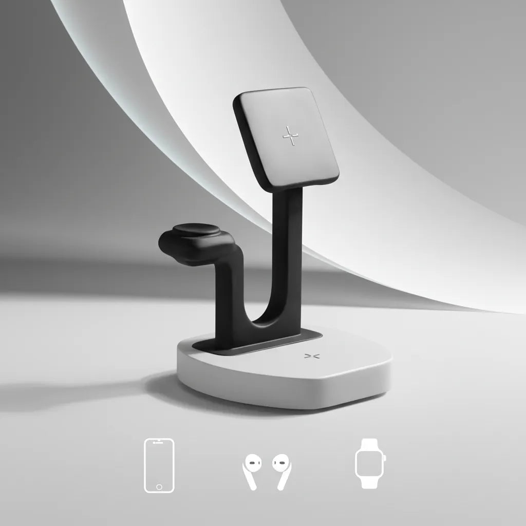 Black and white 3-in-1 charger for phone, earbuds, and smartwatch by Craft Kittiesfr