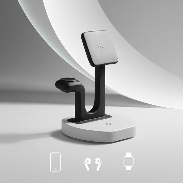 Black and white 3-in-1 charger for phone, earbuds, and smartwatch by Craft Kittiesfr