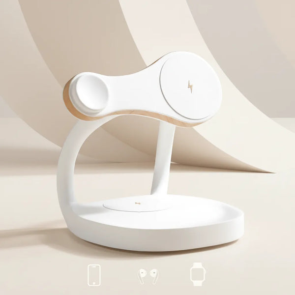 3-in-1 charging station for phone, earbuds, and watch in white, featuring a sleek, modern design by Craft Kittiesfr.