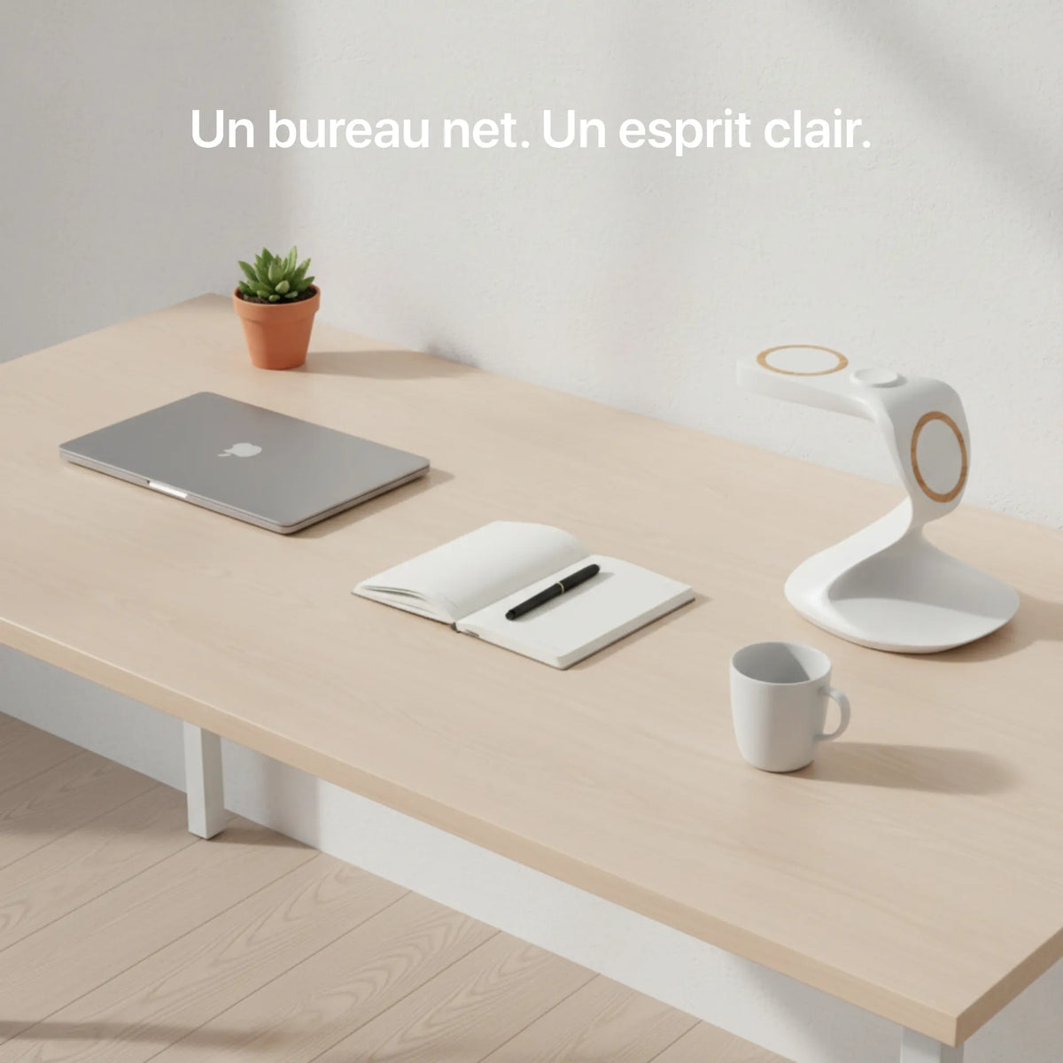 White 3-in-1 charger from Craft Kitties with geometric design on a light wooden desk.