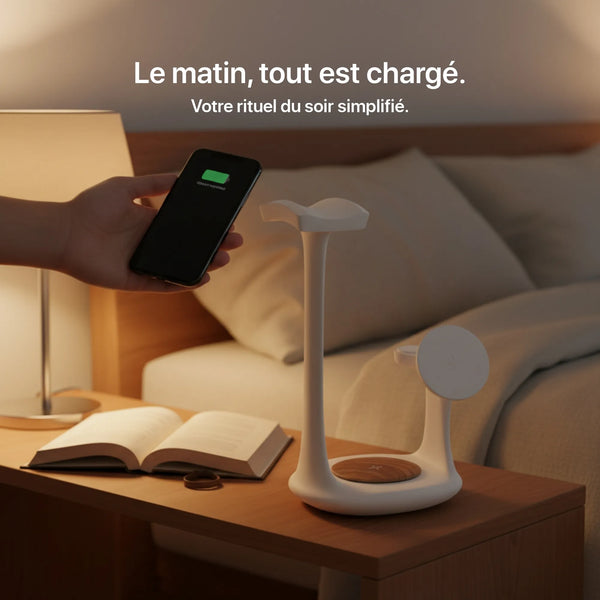 Porte casque 3-en-1 blanc de Craft Kittiesfr, avec chargeur pour téléphone et design moderne.