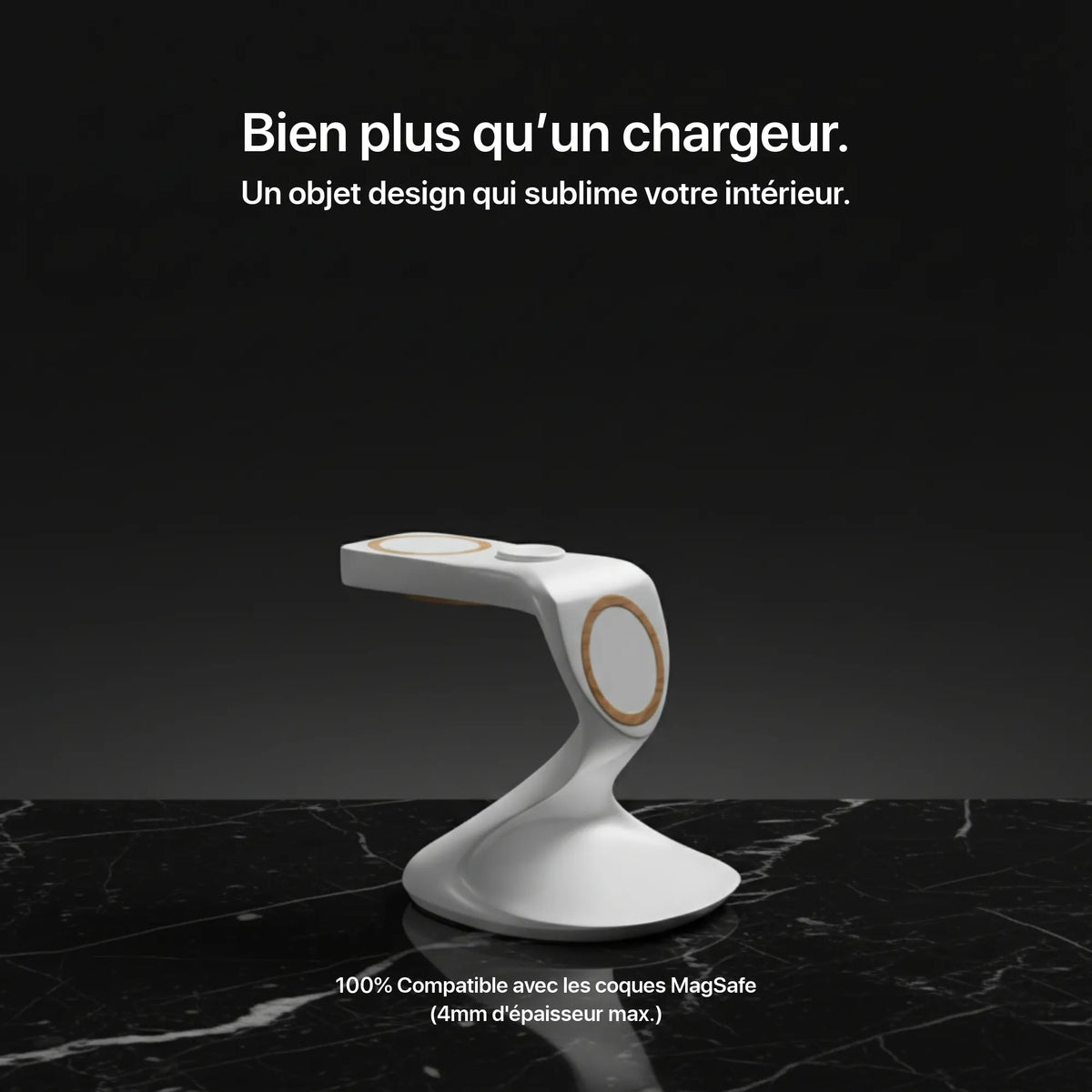 White 3-in-1 charger with sleek design, compatible with MagSafe cases up to 4mm thick, by Craft Kittiesfr.