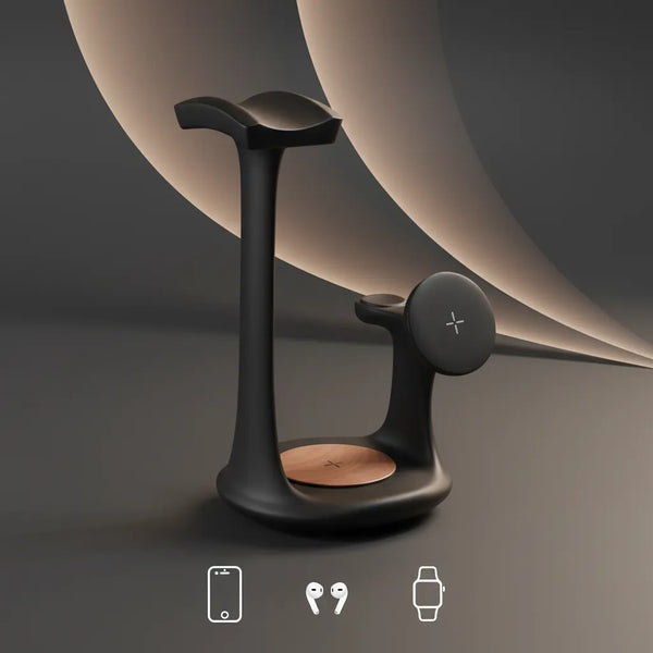 Black 3-in-1 charging stand for headphones, smartphone, and smartwatch by Craft Kittiesfr