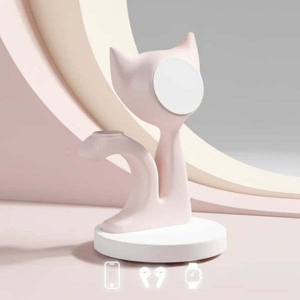 Pink 3-in-1 charger in cat design, suitable for phone and earbuds, by Craft Kittiesfr.