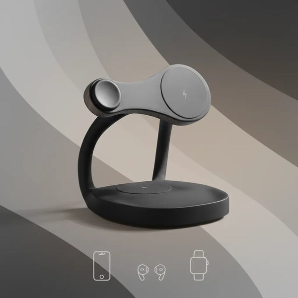 Black 3-in-1 charger stand for phone, earbuds, and watch by Craft Kittiesfr.