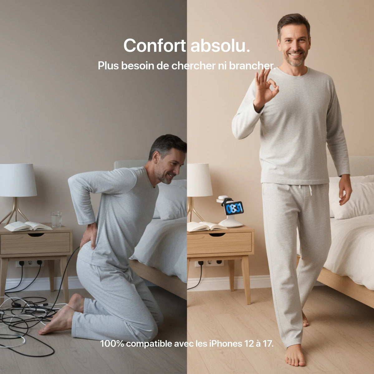 Gray loungewear set featuring a long-sleeve top and pants, model smiling in a cozy bedroom setting.