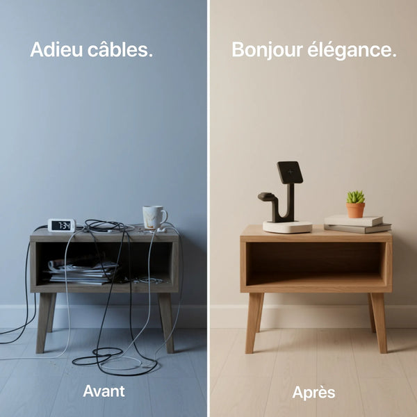 Craft Kittiesfr Le carré 3-in-1 charger with sleek design, wood finish, and cable management features.