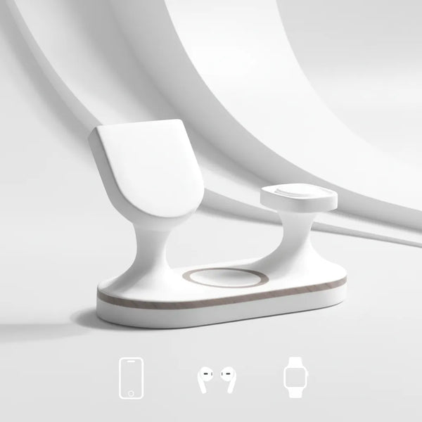White 3-in-1 charger for phone, AirPods, and smartwatch with sleek design and wooden accent by Craft Kittiesfr