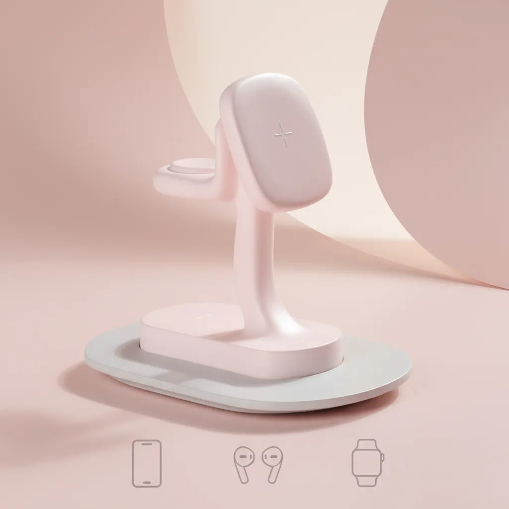 Pink 3-in-1 charger for phone, earbuds, and watch by Craft Kittiesfr on a light gray base.