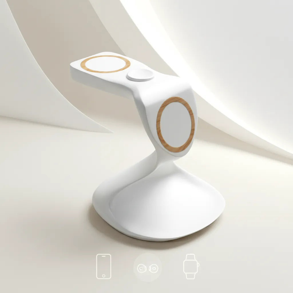 White 3-in-1 charger stand for phone and watch with wooden accents by Craft Kittiesfr