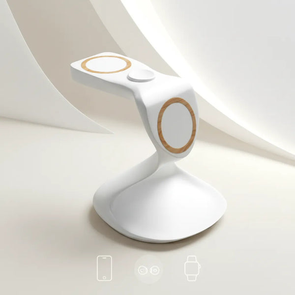 White 3-in-1 charger stand for phone and watch with wooden accents by Craft Kittiesfr