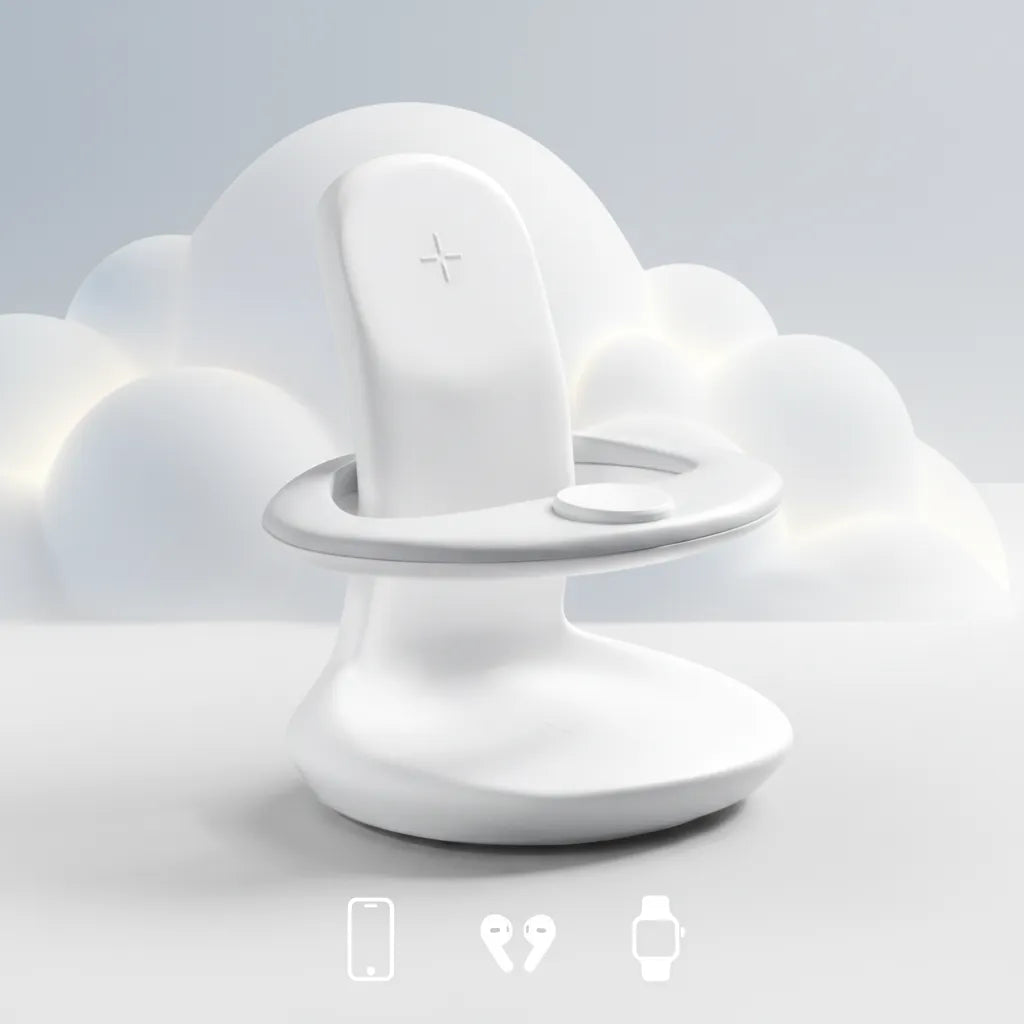Étreinte 3-in-1 charger in sleek white design, compatible with phone, earbuds, and smartwatch.