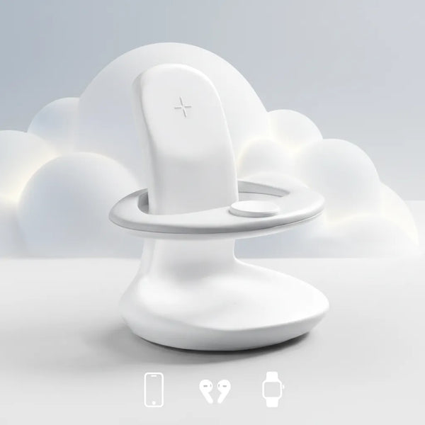 Étreinte 3-in-1 charger in sleek white design, compatible with phone, earbuds, and smartwatch.