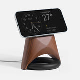 Futuristic wooden charging station with Magsafe compatibility and sleek design for phones
