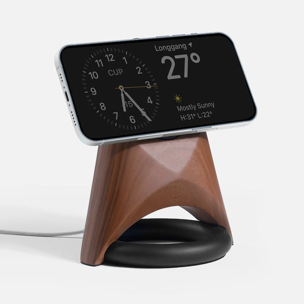 Futuristic wooden charging station with Magsafe compatibility and sleek design for phones