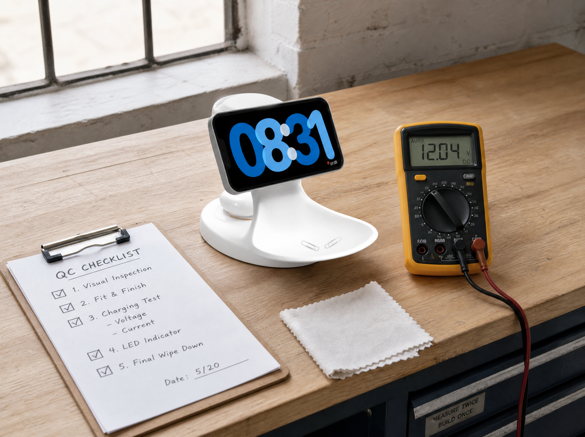 Contrôle qualité — iPhone, Apple Watch, AirPods testés en parallèle.