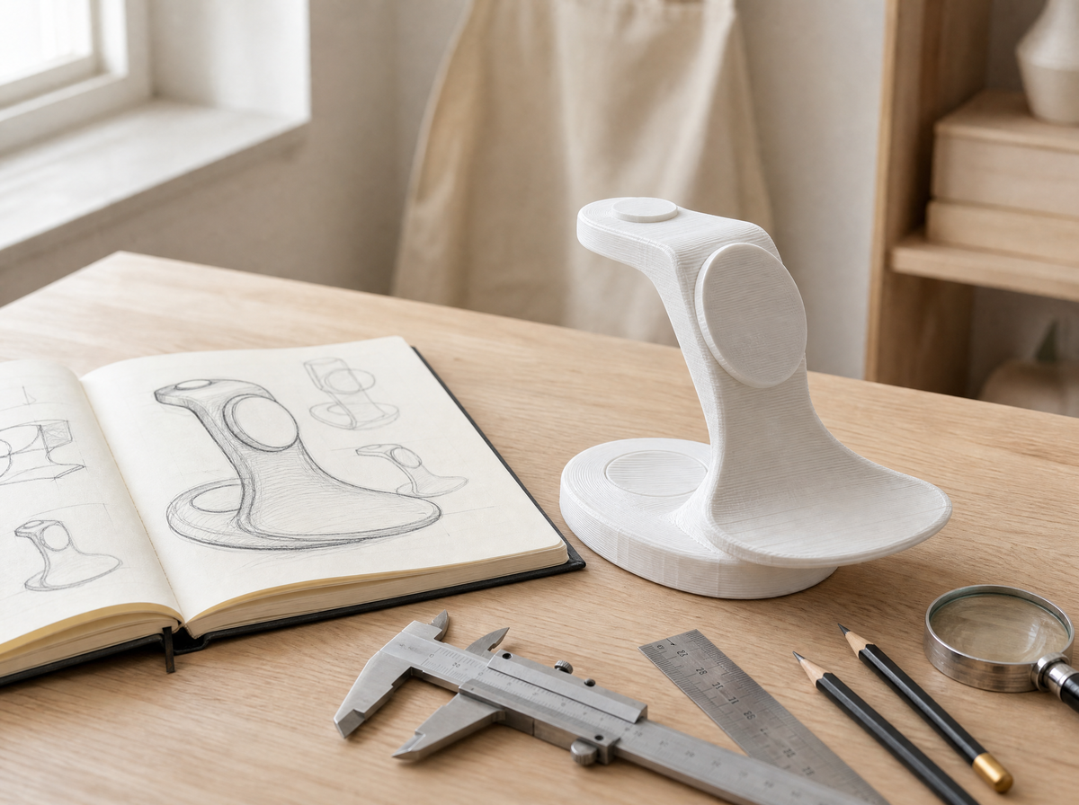 Prototype 3D imprimé en blanc — l'étape avant le ponçage et la peinture.