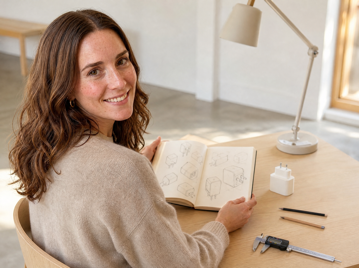 Anne, fondatrice, en phase de design — croquis main et prototype 3D