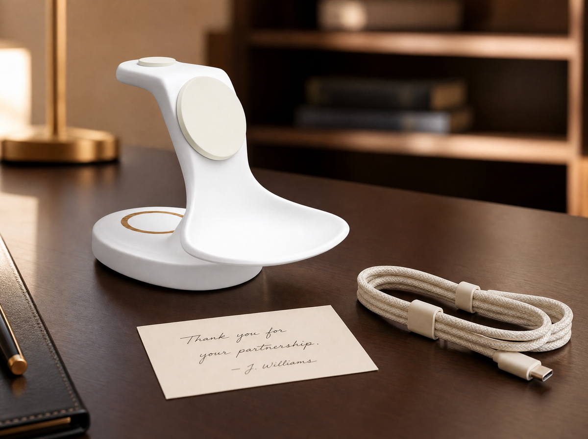Un chargeur Pélican posé sur un bureau executive — cadeau client VIP